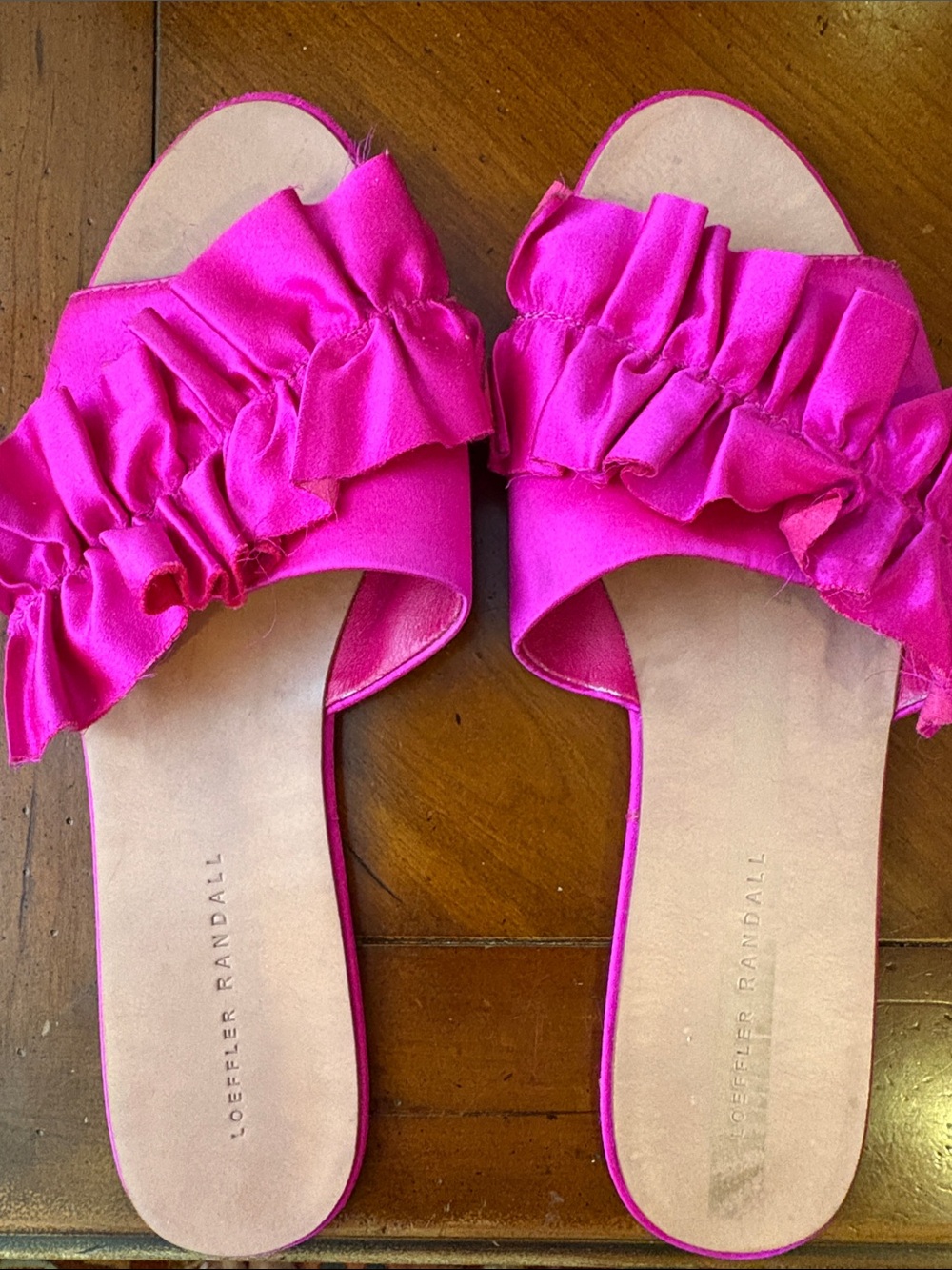 Loeffler Randall Hot Pink Ruffle satin Slide Sandals